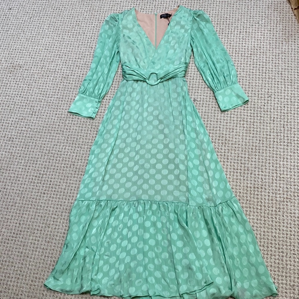 NWT PatBO Belted Polka-dot Satin-jacquard Midi Dress-  Sz 4US /36BRA
